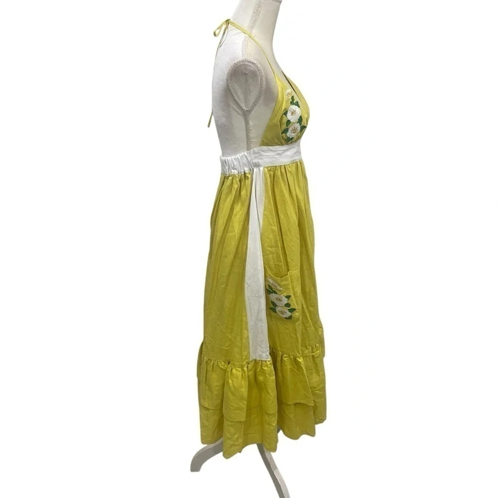 Fanm Mon Yamile 100% Linen Floral Embroidered Halter Midi Dress Mustard Lime NWT